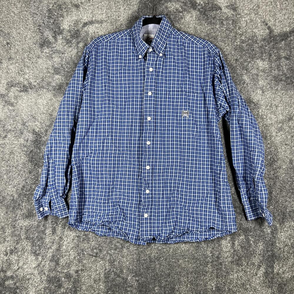 Cinch Shirt Mens Small Blue Plaid Long Sleeve Button Up Embroidered Logo